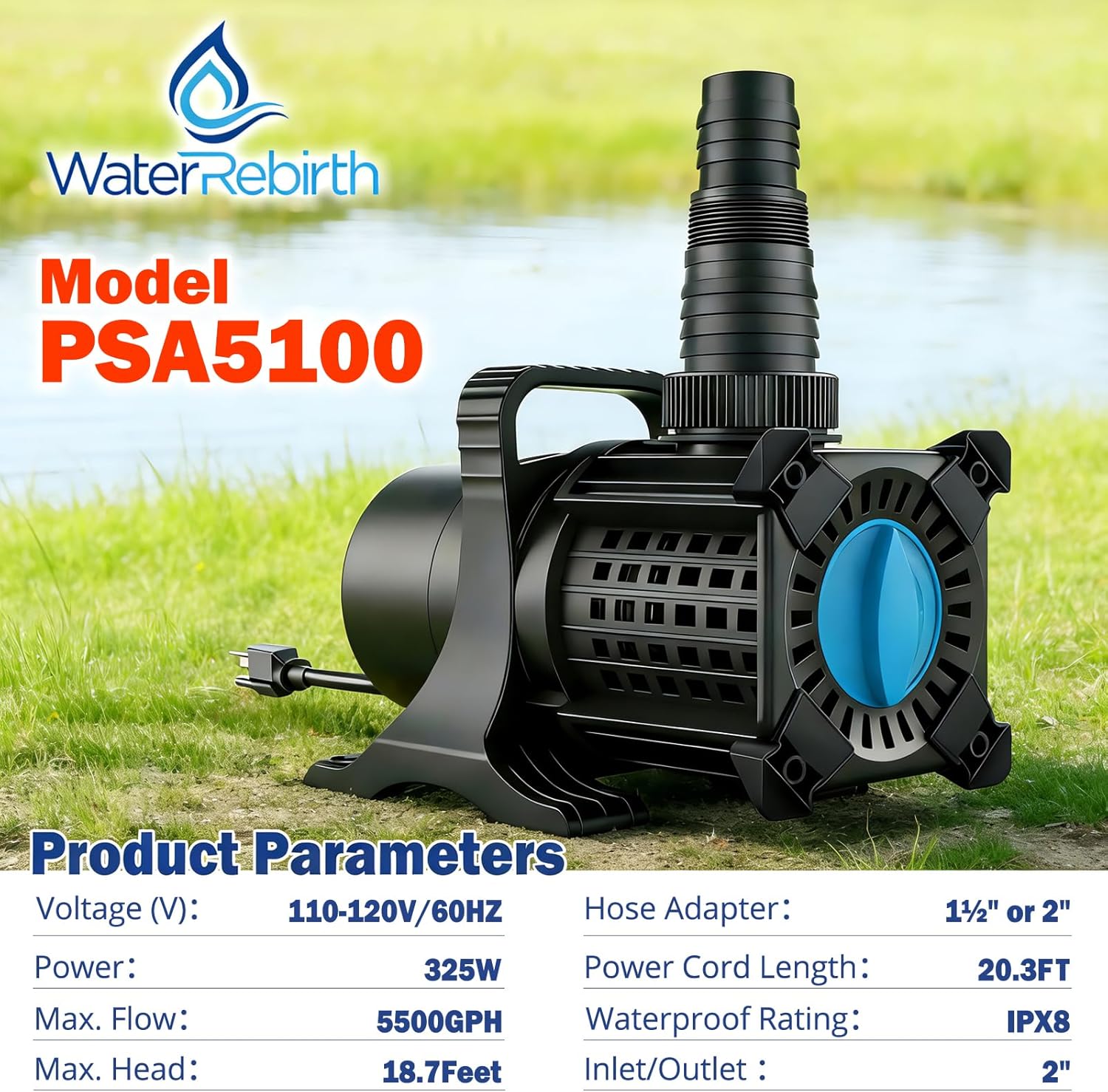 WaterRebirth PSA5100 High Flow Freshwater Pond Pump, 5500GPH 325W Submersible or External Water Pump, 18.7ft Max Lift, Ultra Quiet Waterfall Pump with 5-Position Adjustable Outlet