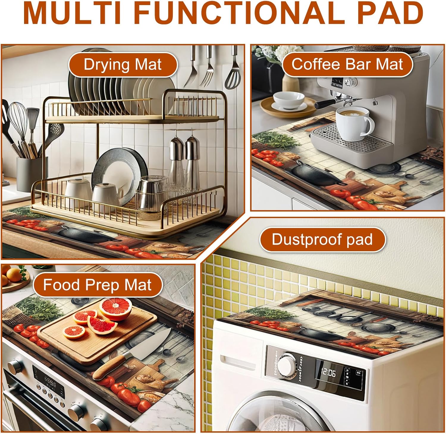 HOMETITUTE Stove Top Covers 28x20 Inches for Electric Cooktop Cover Heat Resistant Countertop Protector Dish Drying Mats Coffee Bar Mats Rustic Kitchen Tomato Bread Design Decorations