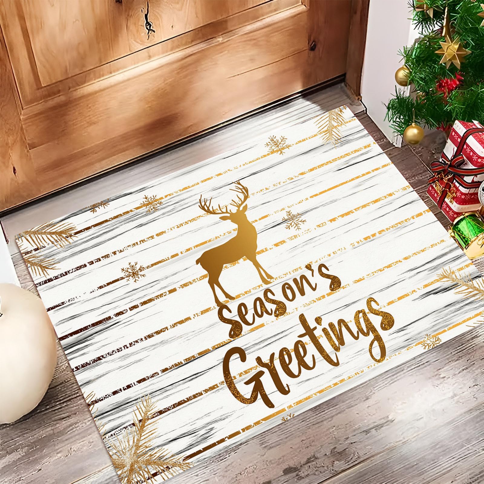 Tapetes Lavables Para Interiores Pequeños, Reno Navideño Con Lámina Dorada, Veta Madera Sencilla, Suave Antideslizante, Felpudo De Pelo Corto Para Entrada Pasillo Dormitorio (Oro Blanco, 80X120Cm)