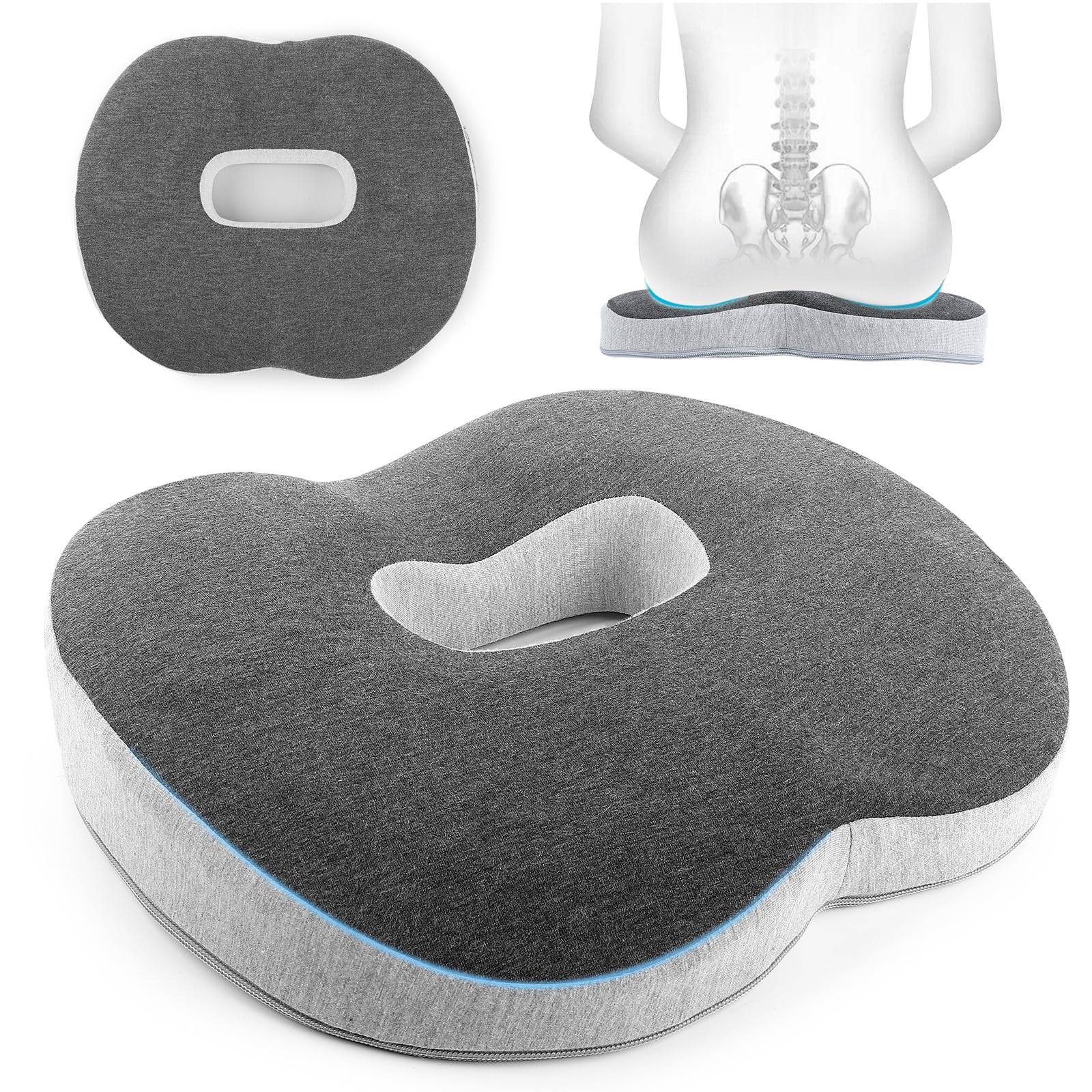 Cozary Cojin Coxis Espuma con Memoria, Cojin Antiescaras, Cojin Ergonomico Silla Oficina para Silla de Oficina, Silla de Ruedas, Asiento de Coche, 44 x 41x 8 cm, Gris