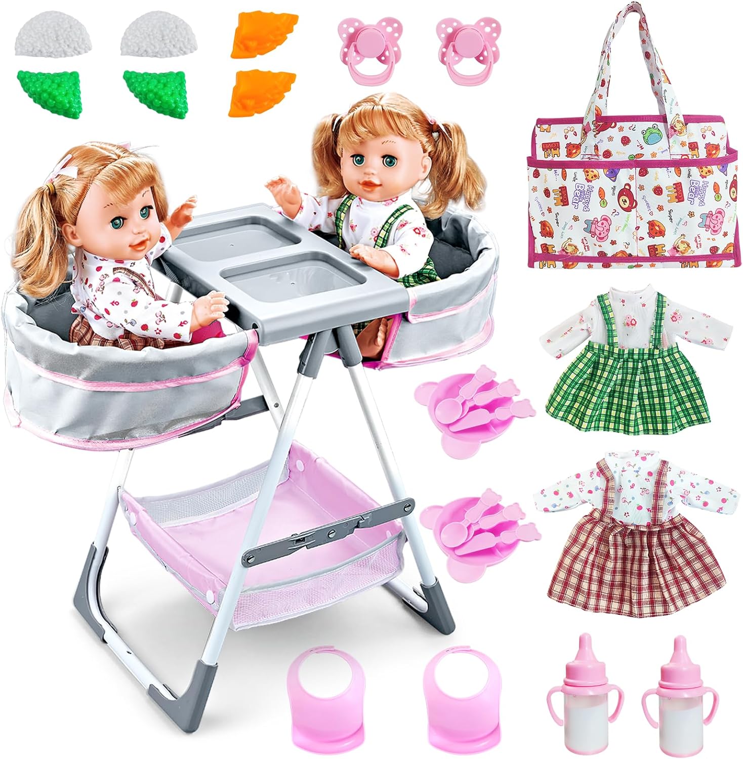RedCrab Baby Doll Toys Set, Dual-seat High Chair Toy with 2 Dolls, Clothes, Bag & Feeding Accessories ,20+ Pcs Pretend Play Set for Toddlers