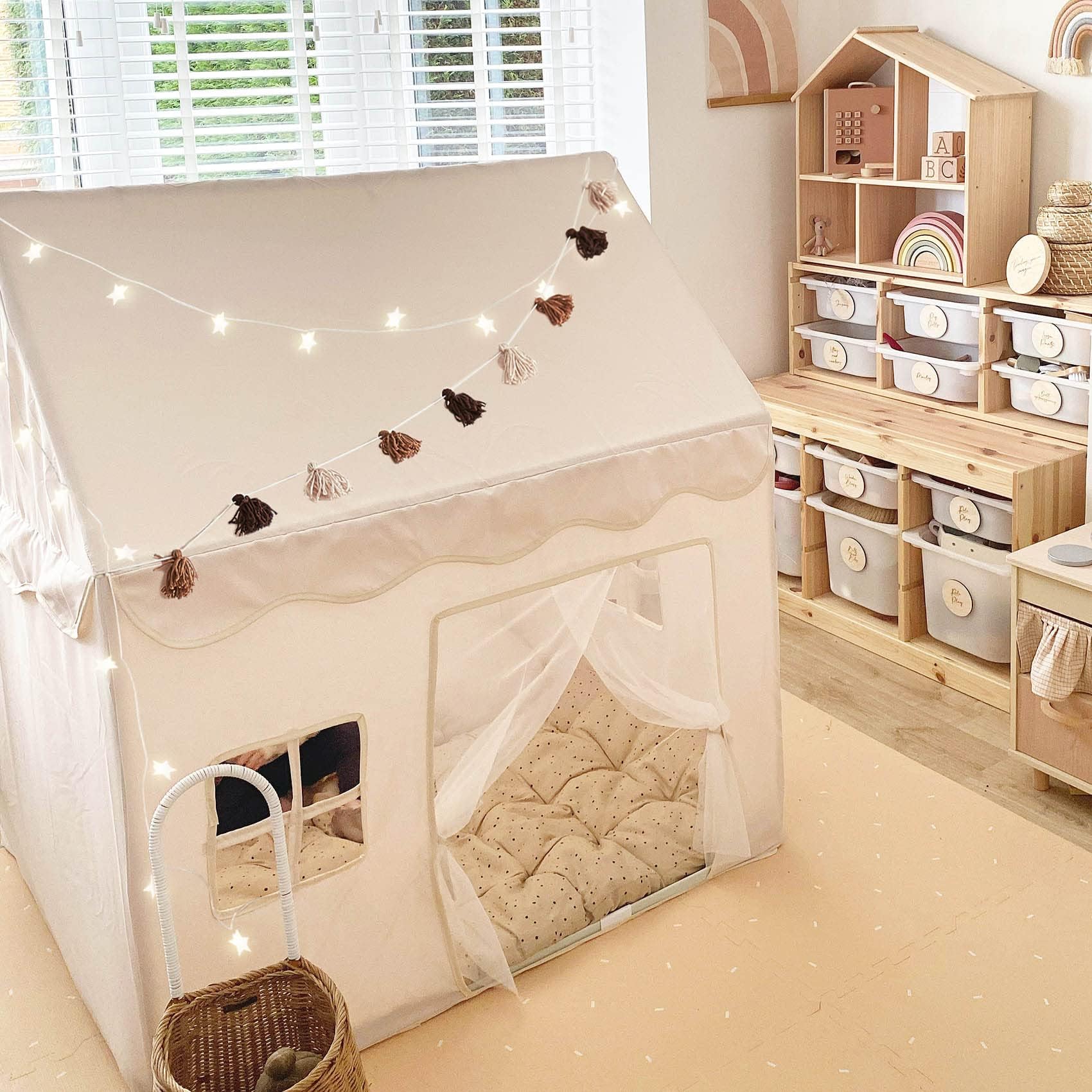 Play Tent with Star Light & Floor Piece Kids Tent Playhouse for Kids Indoor Teepee Tent for Toddler Toys for Boys Girls Neutral Play Room Furniture little dove Two Windows