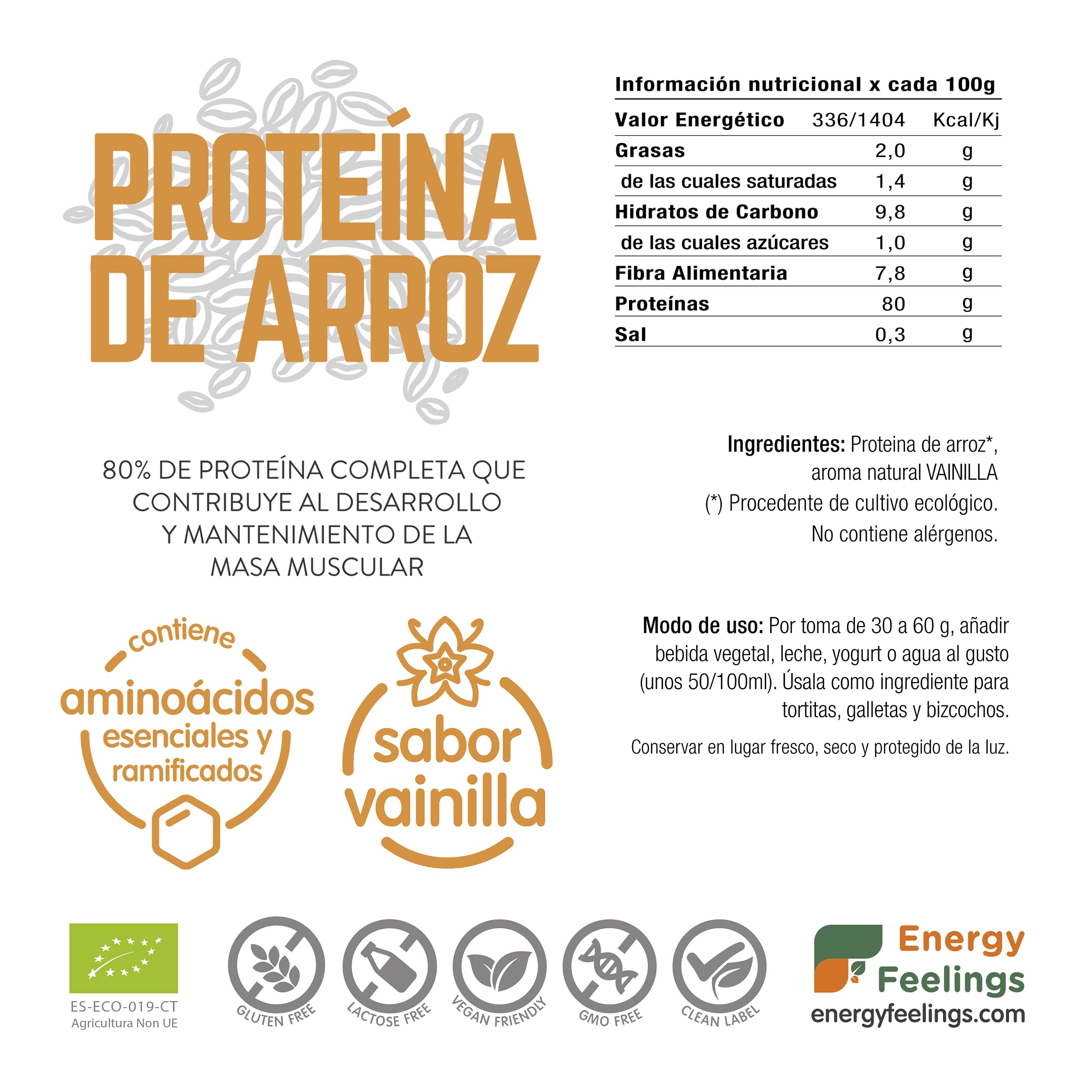 Energy Feelings Proteína de Arroz en Polvo Sabor Vainilla, 80% Proteína Vegana, Ecológica, Sin Gluten, Sin Lactosa, Sin Azúcar Añadido, Apta para Masa Muscular y Control de peso, 1Kg