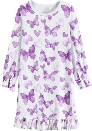 Tkria Girls Nightgowns Toddler Nightdress Soft Cotton Sleepwear 3-10 Years Kids Long Sleeve Nightie Pajamas Ruffle Pink Dress