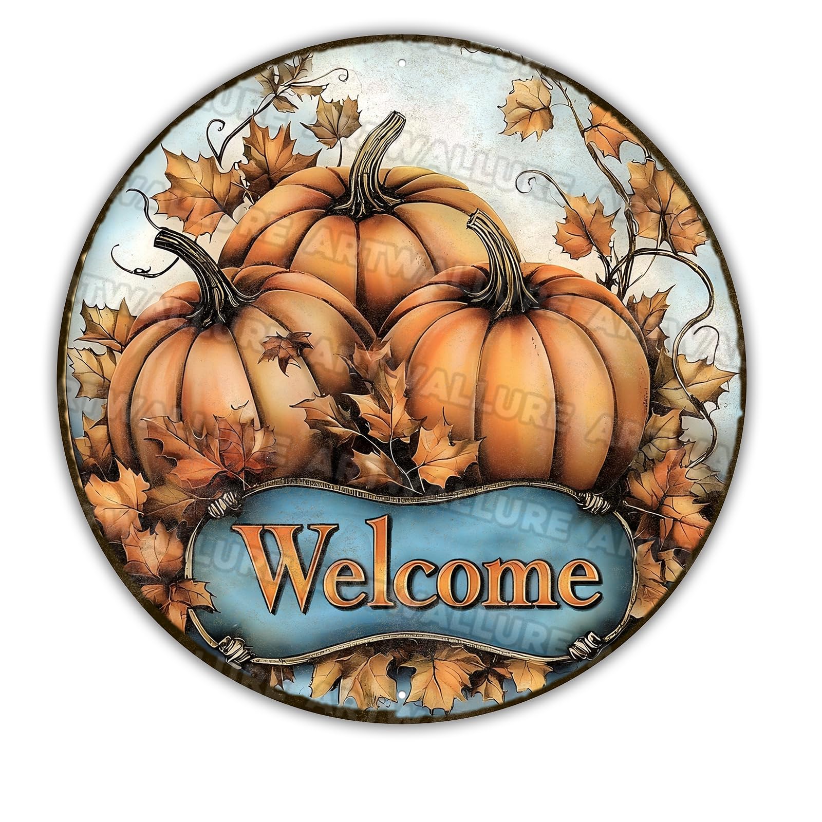 Round Fall Pumpkins Wreath Sign Thanksgiving Welcome Pumpkin Metal Tin Sign for Home Livingroom Coffee Bar Farmhouse Idyllic Wall Art Decor Gift 12x12inch