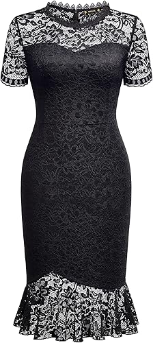 Miniatura 5 de Miusol Vestido formal de manga corta con encaje floral retro para mujer