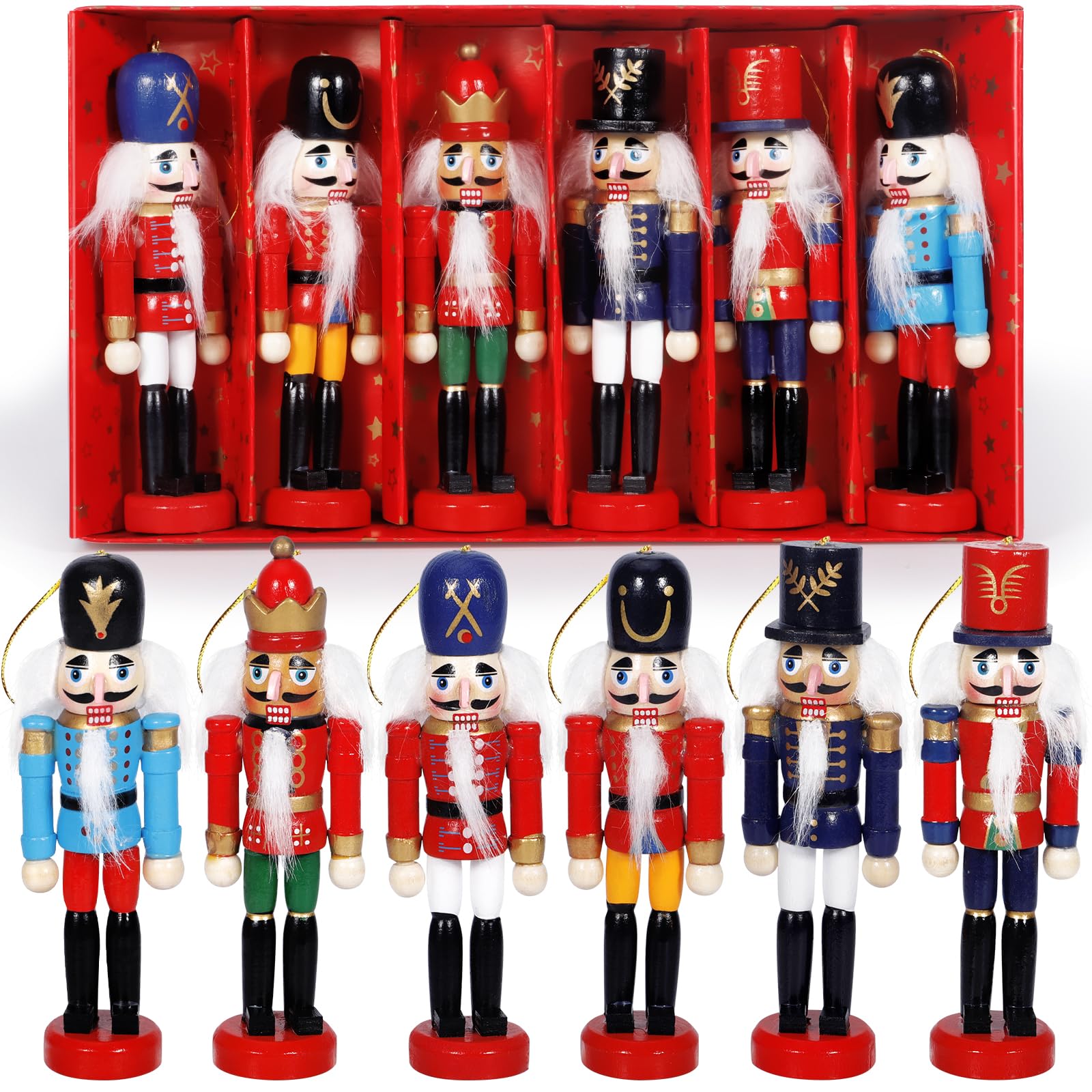 6 Pezzi Schiaccianoci Natale 13cm,Soldatino Schiaccianoci Natale Tradizionale in Legno Fatto Dipinto a Mano,Adatto per Essere Appeso,Per Albero,Decorazione per La Casa E Feste,Natalizi Regalo