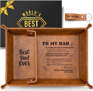 Best Dad Ever Gifts for Dad from Daughter Son PU Leather Valet Tray and Keychain Set,Intimate Birthday Christmas Dad Gifts for Men,Husband or New DadBrown