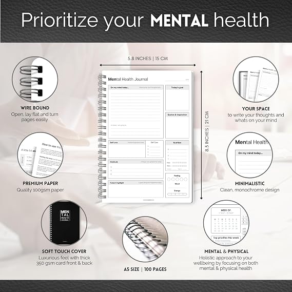 Mental Health Journal for Men | Daily Gratitude, Self Care, Intentions, Affirmations and Nutrition | A5 Mono