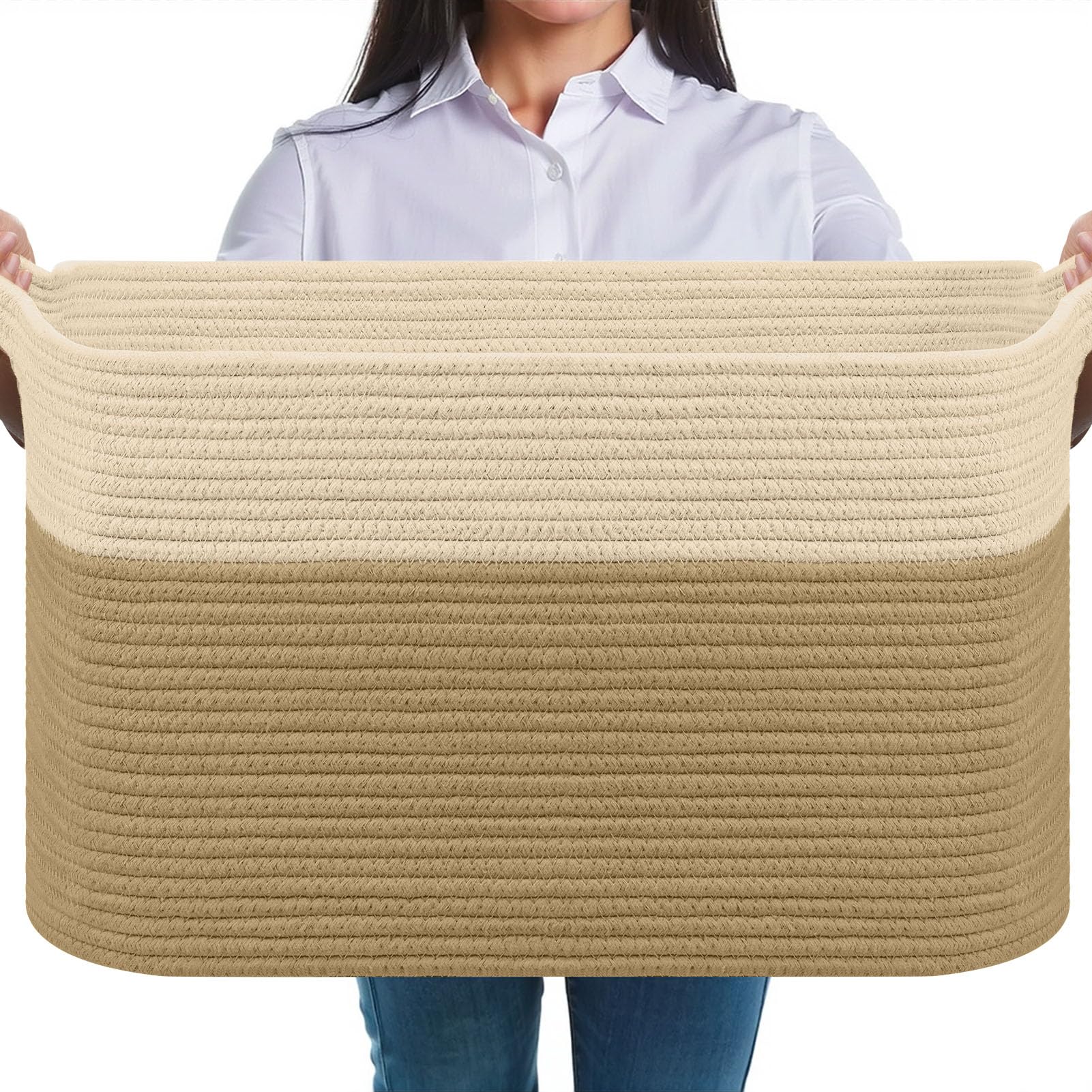 JOJOSEE Large Storage Basket, Blanket Basket for Clothes Bedding, Woven Storage Baskets, Toy Storage for Kids, Rope Basket for Living Room, Nursery, Bedroom 55x38x30 cm (Beige&Brown, 1 Pack)