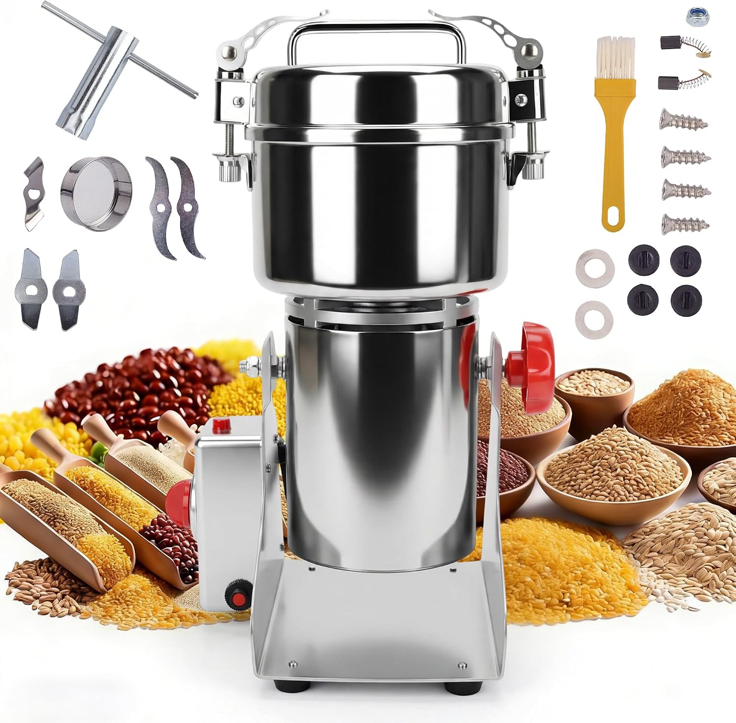 Electric Grain Mill Grinder 1000g, High Speed Commercial Spice Grinder, 304 Stainless Steel Flour Mill Grinder for Dry Grains, Rice, Corn, Herbs & Coffee Beans, Home and Commercial Use