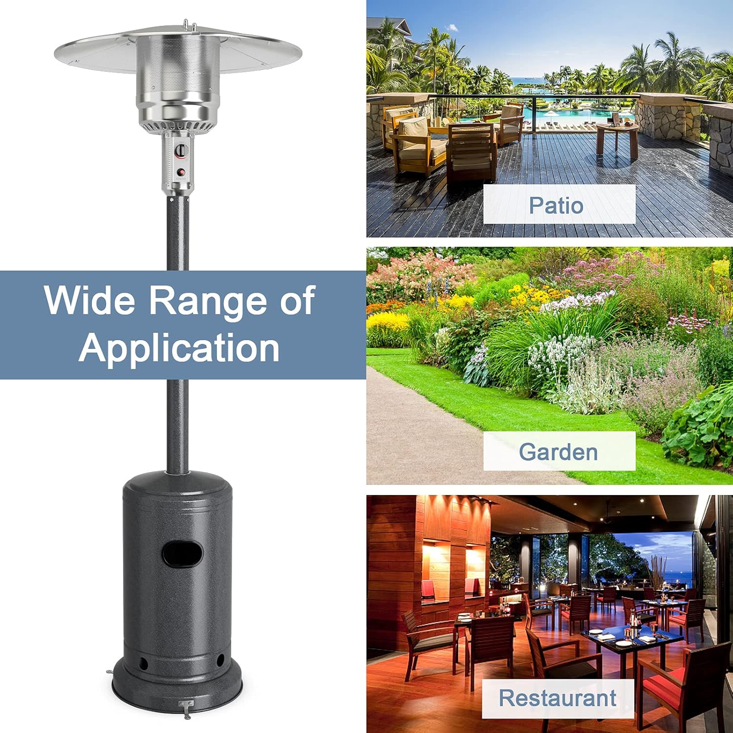 COSTWAY Outdoor Patio Heater, 50000 BTU Propane Heater with Stainless Steel Burner and Wheels, Triple Protection System, Standing Portable Outside Heater for Porch, Deck, Home and Commercial, Grey