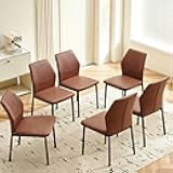 Pandolfini Dining Chairs Set of 6, Brown PU Leather Dining Chairs, Comfortable Upholstered Armless Kitchen Chairs with Black Metal Legs for Living Room, Dining Room, Kitchen