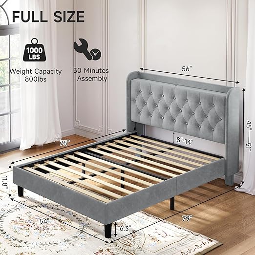 koorlian Full Size Bed Frame, Full Bed Frame with Headboard, Adjustable Velvet Upholstered Bed Frame with Type-C&USB Port, Wingback Storage Headboard, Solid Wood Slats Support, Noiseless, Light Gray thumbnail 2