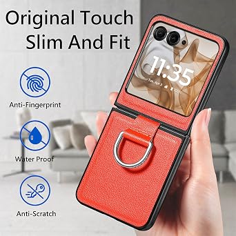 LEMAXELERS for Samsung Galaxy Z Flip 7 5G Case, PU Leather + Soft TPU Shell Ultra Thin Slim Durable with Ring Shockproof Protective Phone Cover for Galaxy Z Flip7, Orange LZH