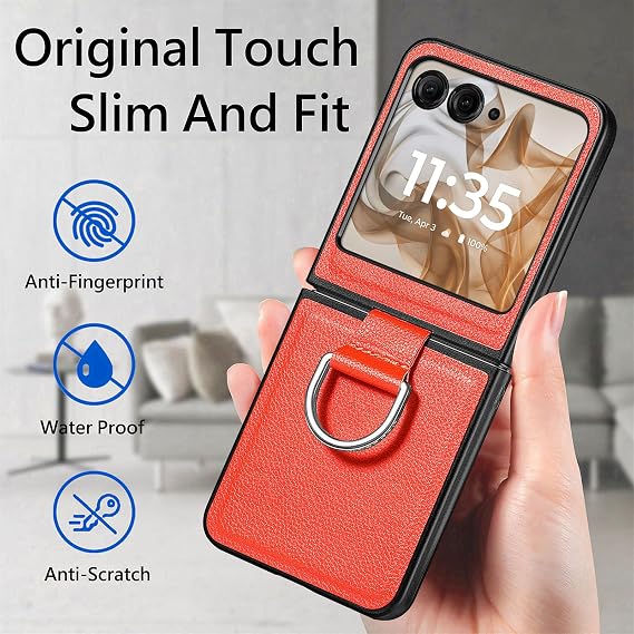 LEMAXELERS for Samsung Galaxy Z Flip 7 5G Case, PU Leather + Soft TPU Shell Ultra Thin Slim Durable with Ring Shockproof Protective Phone Cover for Galaxy Z Flip7, Orange LZH