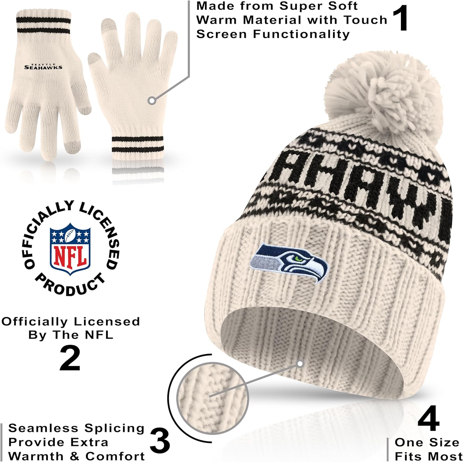 Ultra Game Youth NFL Official Super Soft Cable Knit Winter Beanie Knit Hat with Extra Warm Touch Screen Gloves