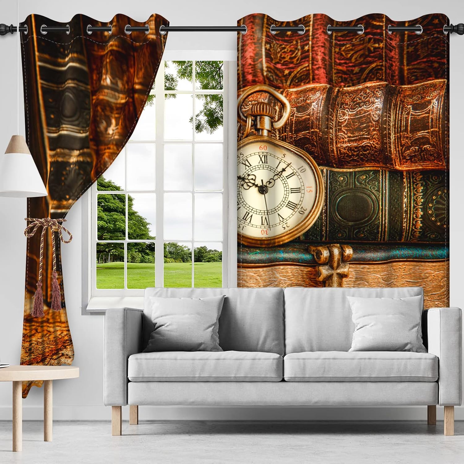 Antique Books Window Curtains Vintage Books Steampunk Clock Watches Chains Blackout Curtain Grommet Top for Living Room Bedroom Decor Window Drapes 2 Panel Set, 42x63 Inch