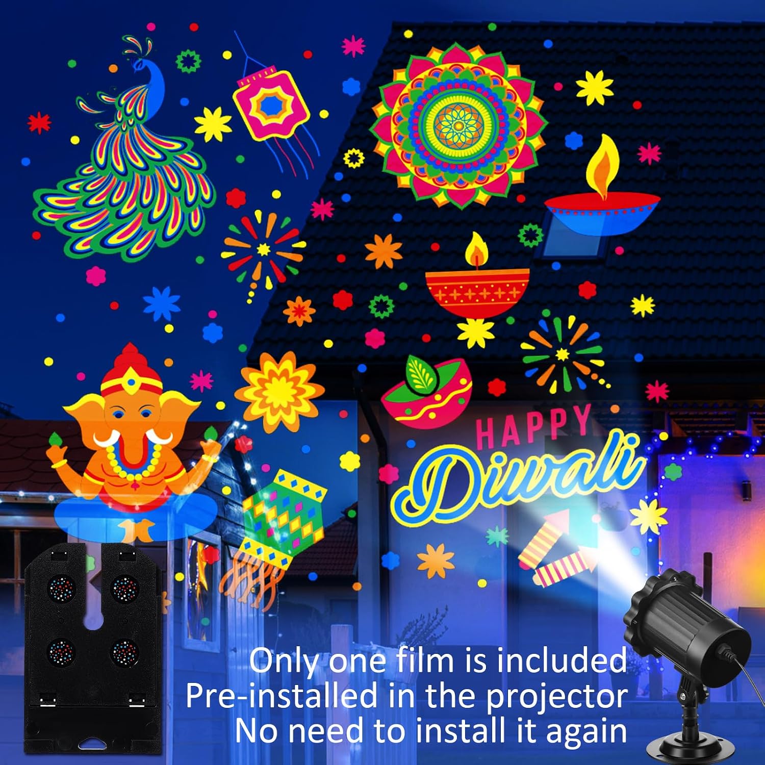 Happy Diwali Projector Lights Outdoor Festival LED Projector Decorations Elephant Sun on Dynamic Waterproof Outdoor Indoor Diwali Festival Projection for Landscape Garden Yard Patio Party