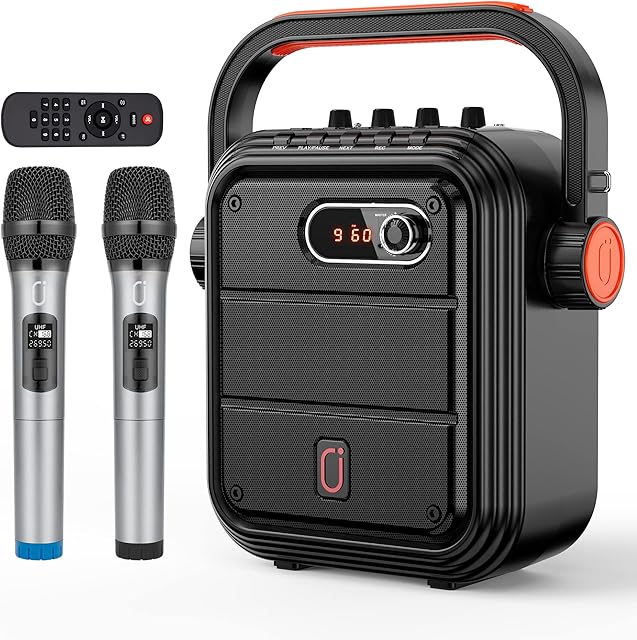 JYX Karaoke Machine with 2 UHF Wireless Microphones, Portable Bluetooth Speaker with Shoulder Strap, Power Amplifier PA Subwoofer Support TWS, FM, AUX In, Bass&Treble for Party/Meeting