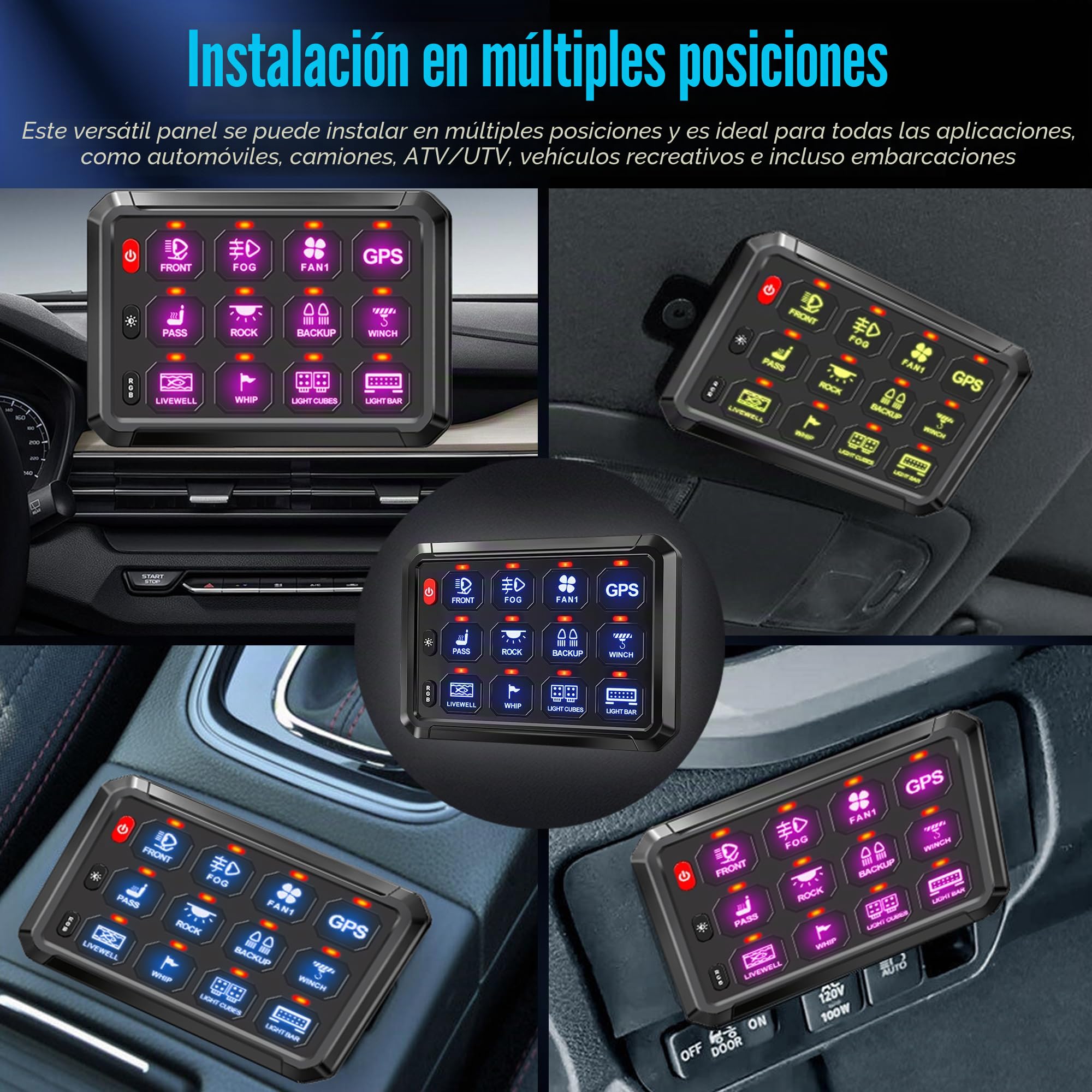 Panel de interruptor RGB de 12 velocidades, regulable automáticamente, panel de interruptores multifunción con memoria de impulso de inclinación instantánea, panel de aluminio para camiones