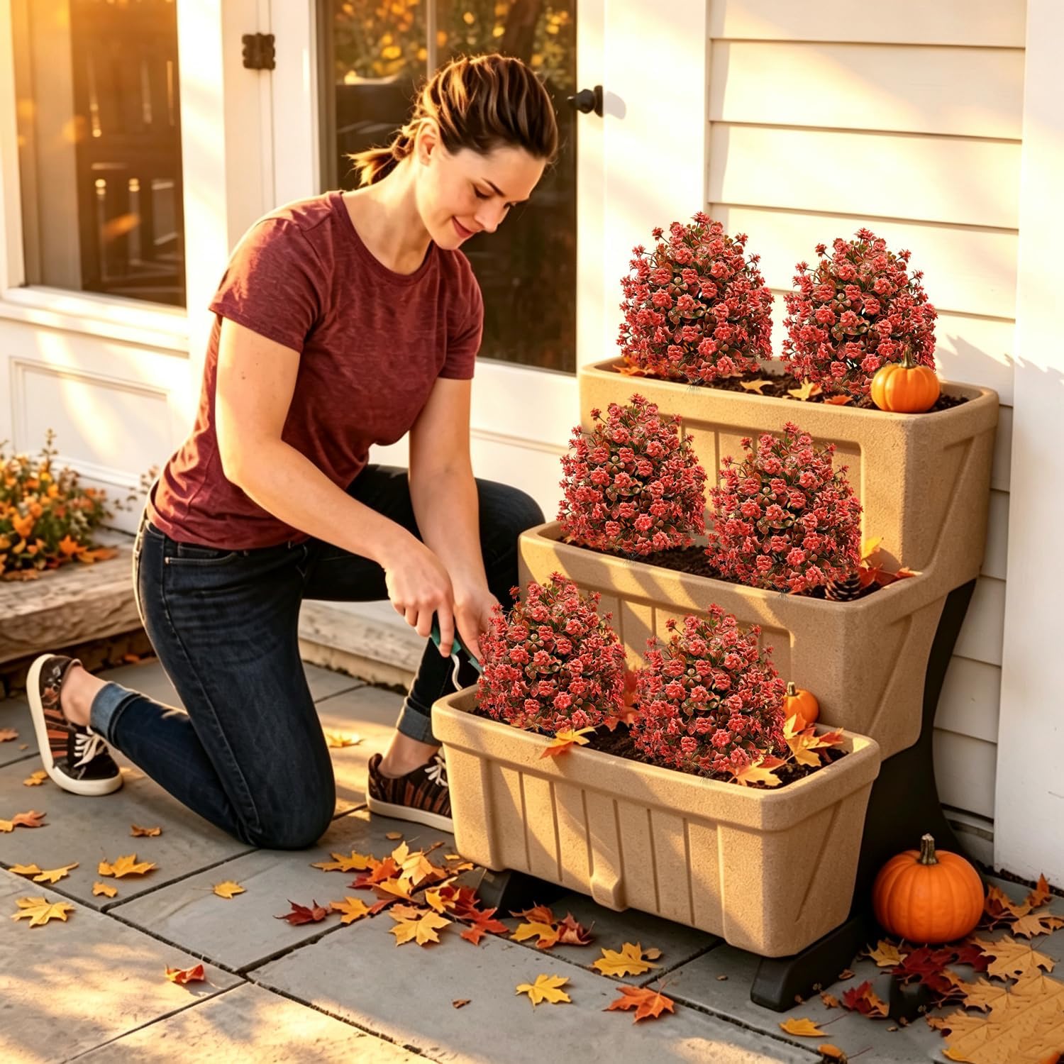 4Pack Artificial Fall Mums Topiary Balls Tree with Stakes,UV Resistant Outdoor Autumn Faux Shrubs with Spike, Realistic 16.5" Fake Bushes Plants for Front Porch, Planters, Balcony, Garden,Door Decor