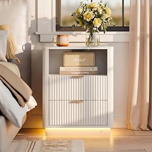 Led Fluted Nightstand, Curved Night Stand with Charging Station Lighting, Wood Side Table with 2 Drawers, Modern End Table Storage Cabinet for Bedroom(1, White)
