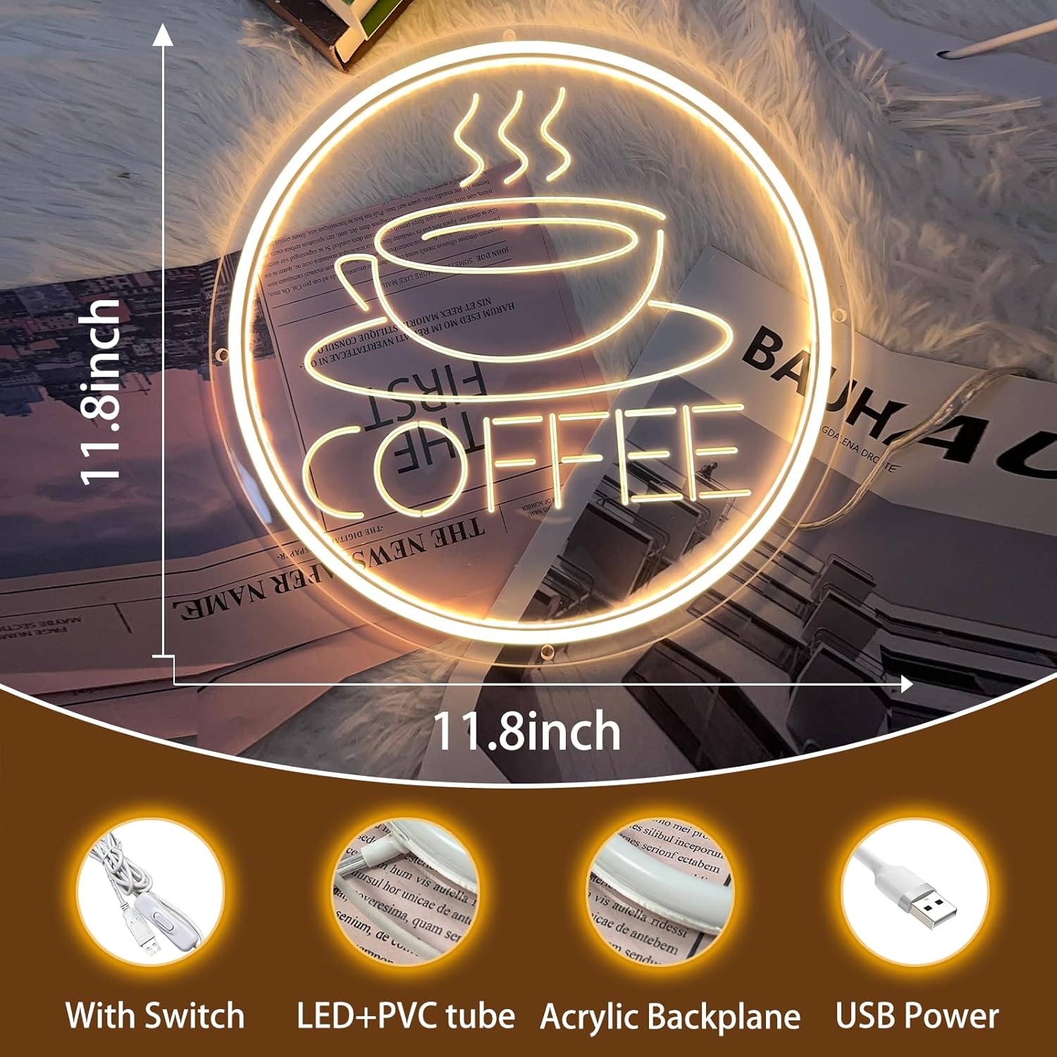 Coffee Cup Neon Sign For Wall Decor,Powered by USB 3D Engrave Art Light, Christmas Party Birthday Gift for Children Kids Girls,LED Neon Lights with 3D Art for Business, Café, Restaurant, Hotel