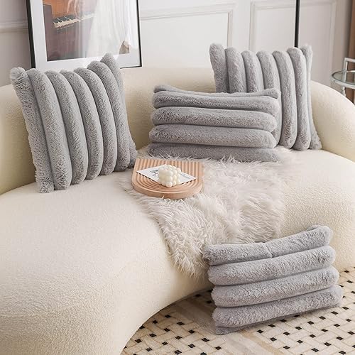 Miniatura 4 de Neelvin Fundas de Almohada Decorativas de Piel Sintética Gris Acogedoras Suaves a Rayas 16x16 pulgadas Juego de 2, Funda de Almohada de Terciopelo