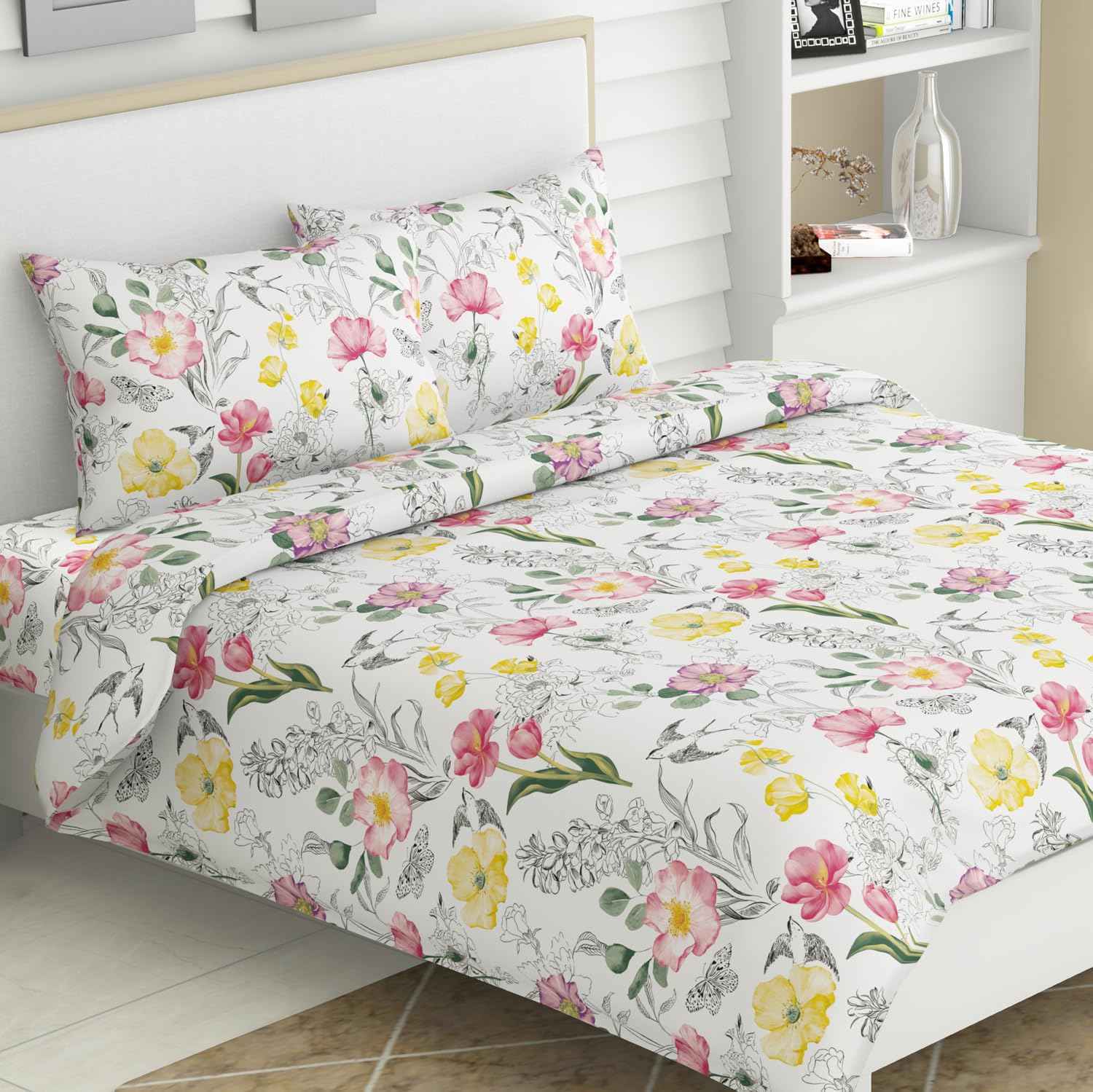 haus & kinder 100% Cotton Bed Sheet for King Size Bed, 1 King Size Bedsheet Cotton (108 X 108 Inches) with 2 Pillow Covers | 186 TC Bedsheet for Double Bed King Size | Tulip Meadow (B0D6R9MWQD) Amazon Price History, Amazon Price Tracker