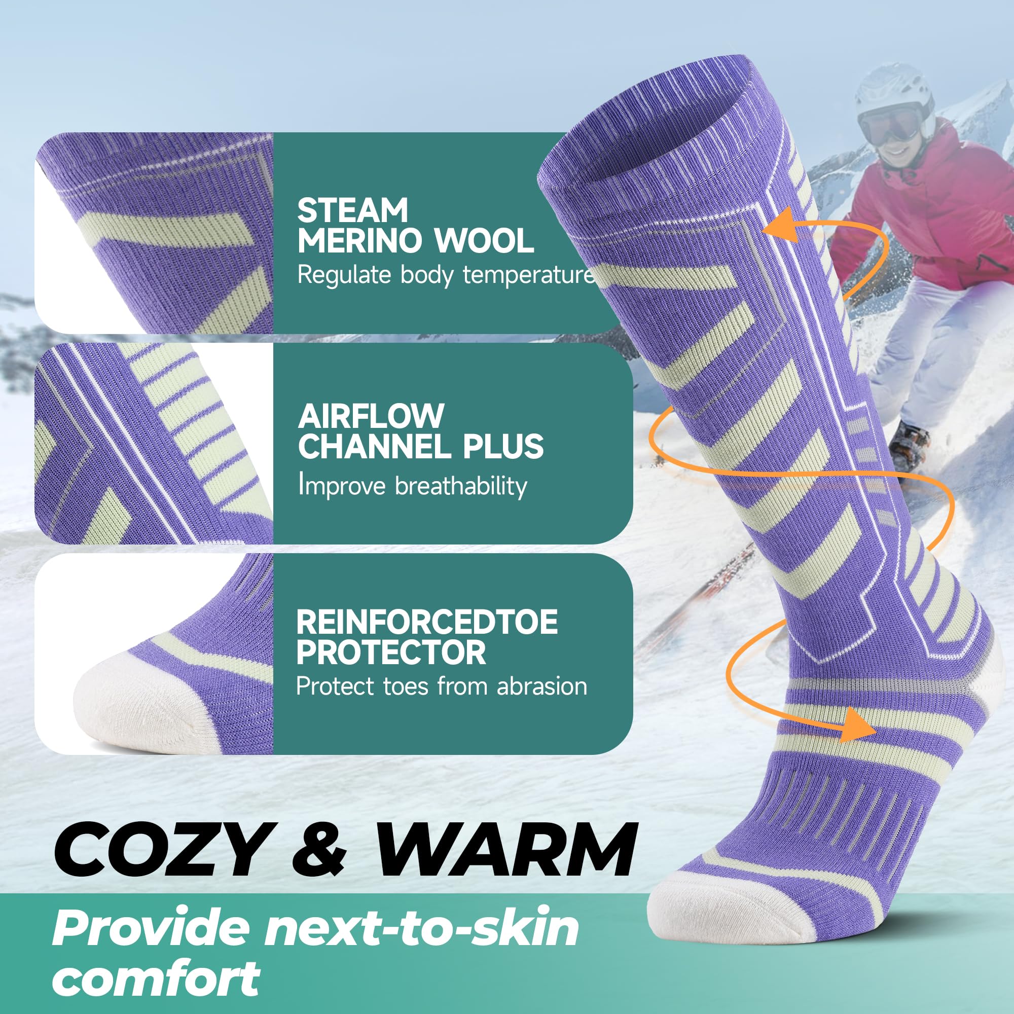 PULIOU Calze da sci in lana merino per uomo, donna e ragazzi, calze per il freddo per snowboard, calze termiche da neve, traspiranti, ad asciugatura rapida