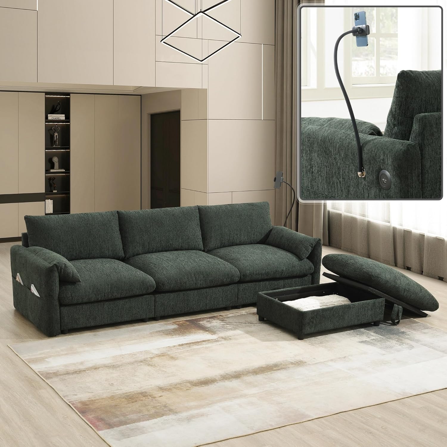 Chifee & Vingol 96.5" L Shaped Couch Chenille Sectional Sofa with Storage Ottoman Cloud Couch Sectional for Living Room with Adjustable Phone Holder and USB Charger-Green