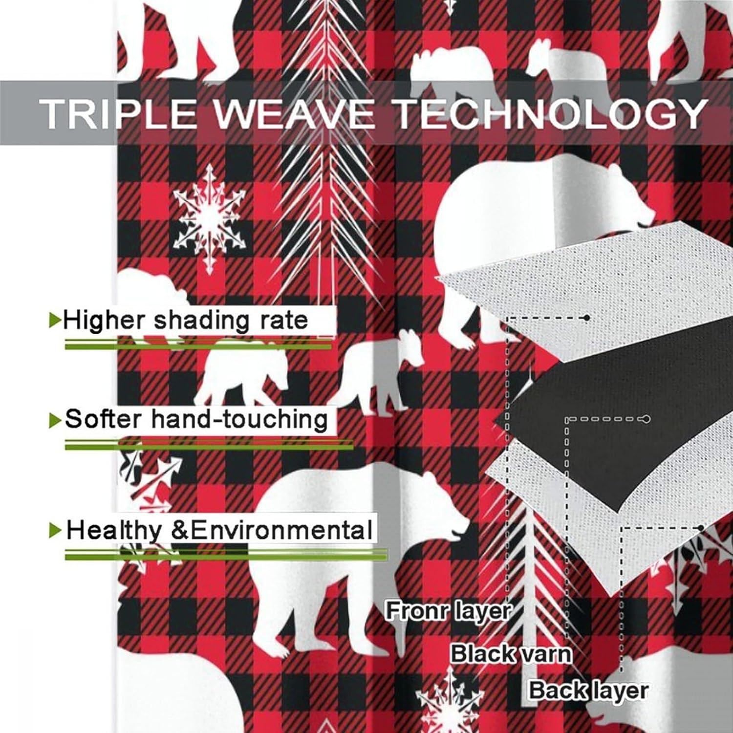 Rustic Christmas Woodland Wildlife Curtains,Cabin Winter Forest Snowflakes Tree Bear Buffalo Plaid Window Drapes Thermal Insulated Grommet Top Blackout Drapes for Bedroom 63L x 21W,2 Panels