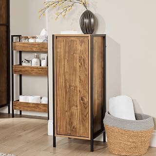 3 Shelf Slim Bathroom Cabinet – Oak-Style Shelving with Black Metal Frame – Compact Bathroom Storage with Adjustable Shelves