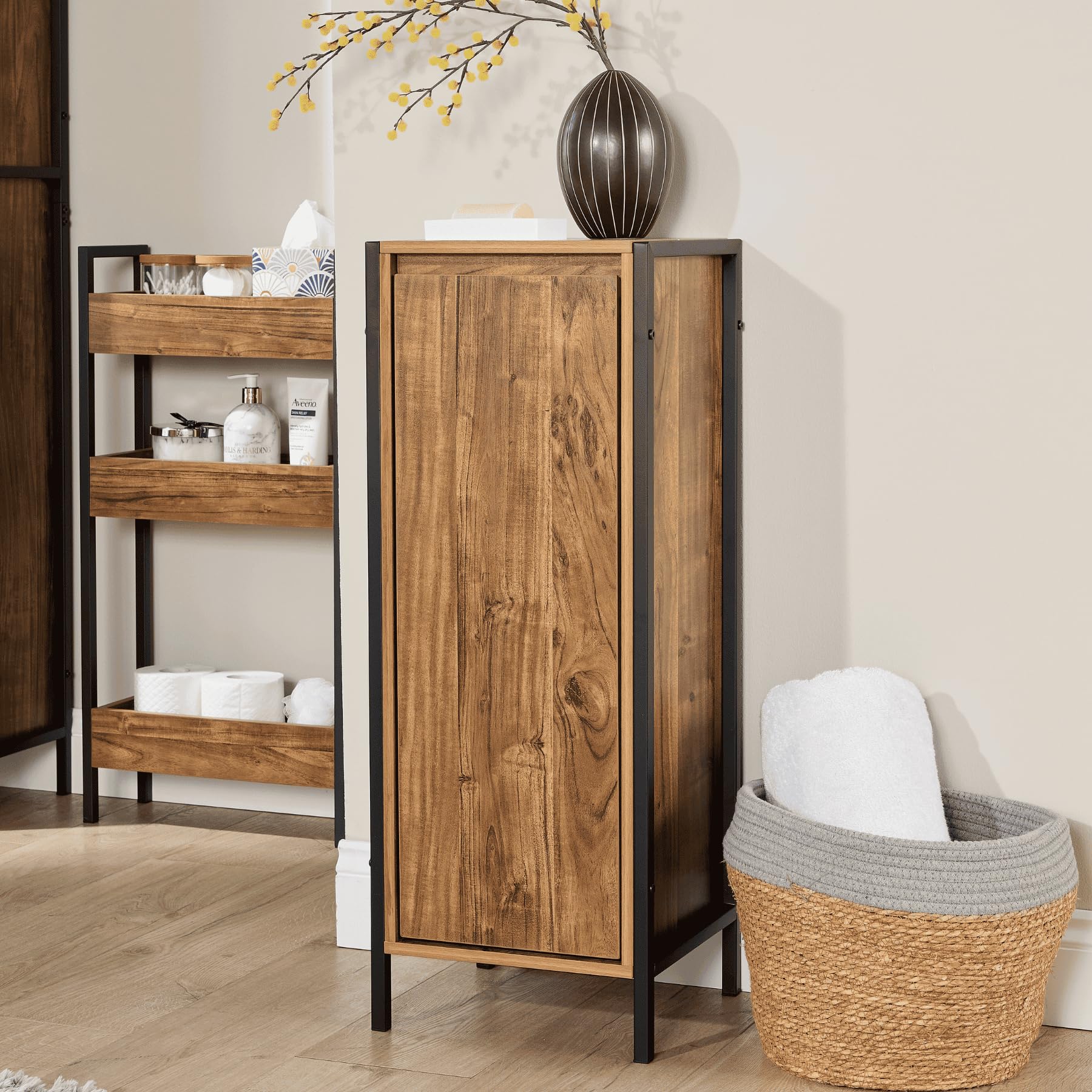 Home Source 3 Shelf Slim Bathroom Cabinet – Oak-Style Shelving with Black Metal Frame – Compact Bathroom Storage with Adjustable Shelves