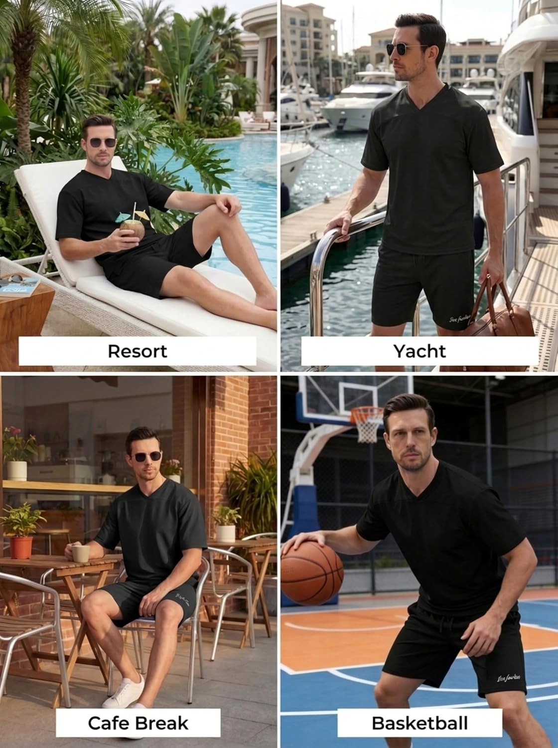 Opomelo Mens 2 Piece Vacation Sets Casual Short Summer Outfits V-neck T-Shirt & Shorts Tracksuits Vacation Matching Sets