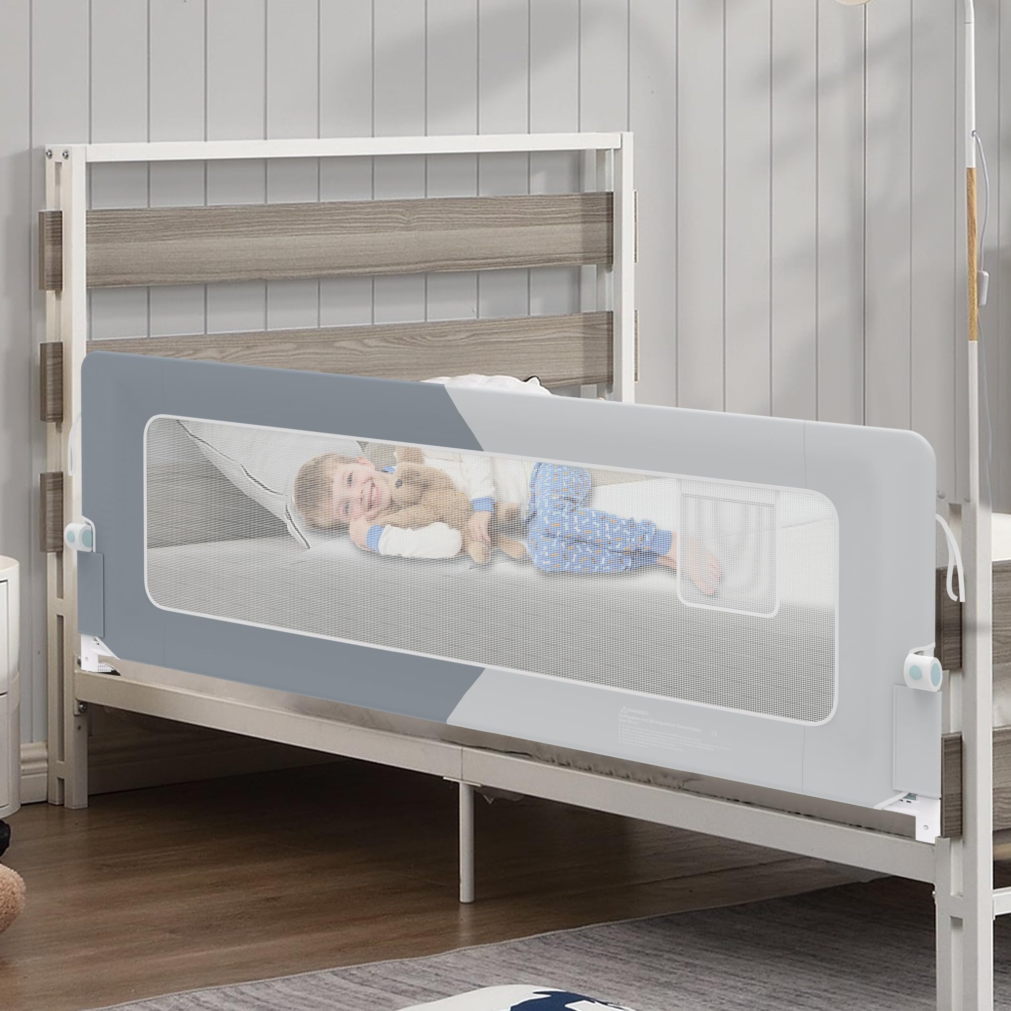 XMTECH Barierka ochronna do łóżeczka dla dzieci, 200 cm, ochrona przed wypadnięciem, składana, przenośna, barierka dla małych dzieci, w wieku 18-5 lat, ciemnoszara + jasnoszara