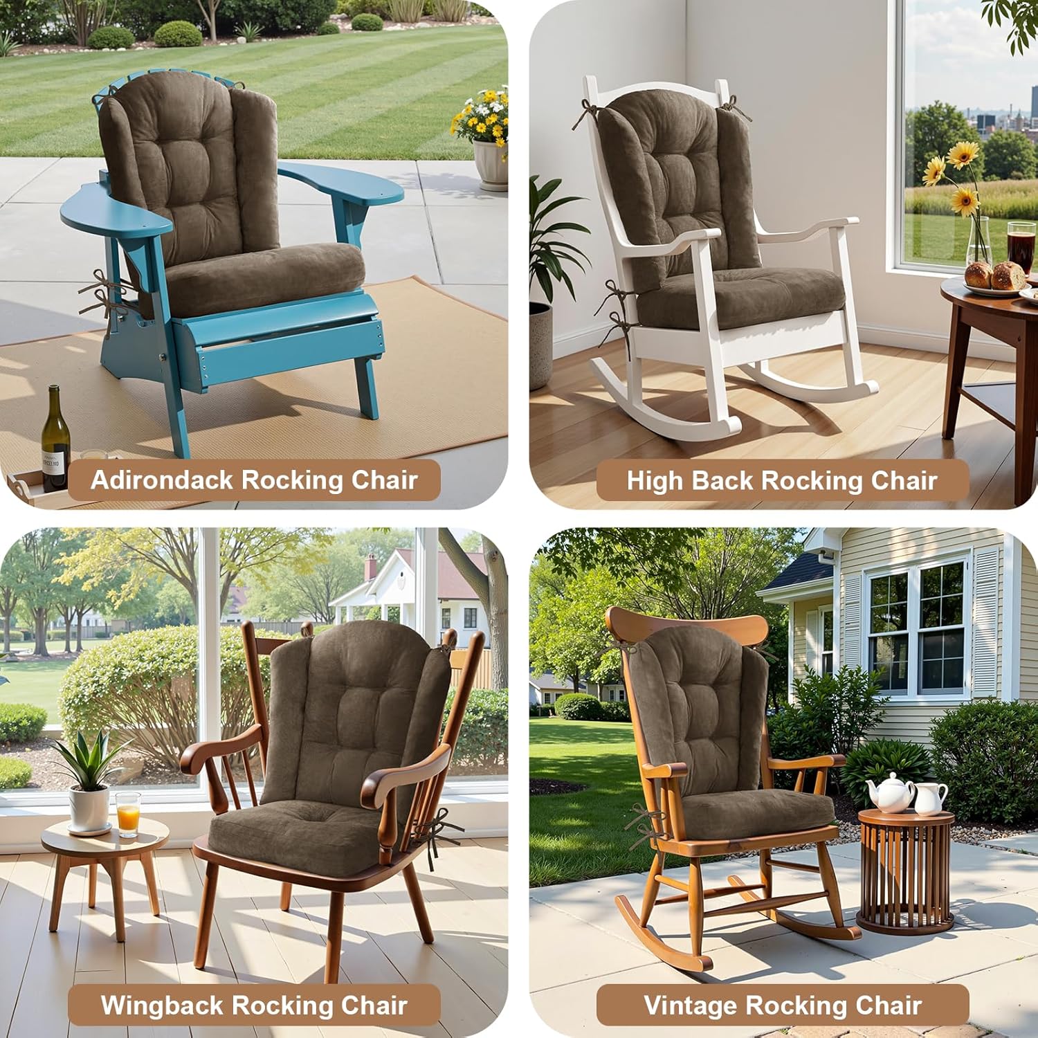 Wingback Rocking Chair cushion - Large Adirondack Chair Cushions, High-Density Sponge, Soft Chenille Indoor Rocker Pads with Ties, 2 Piece Sets Seat Cushion & Back Cushion, Deep Brown | Large Size