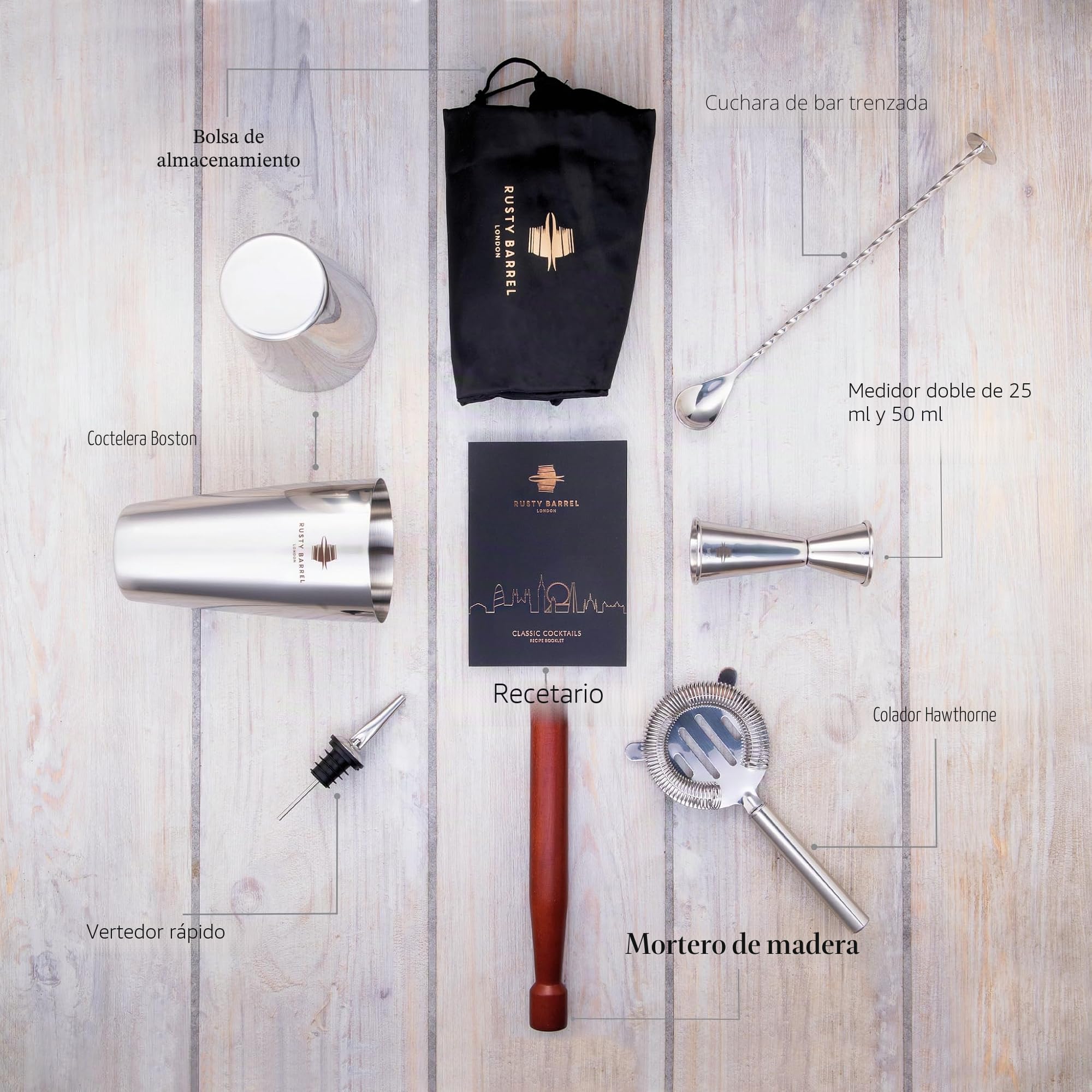 Cocktail Kit Modelo Bloomsbury | Coctelera Profesional de Acero Inoxidable con Cocteleria Accesorios | Kit Cocktail, Kit de Cocteleria | Elegante Caja de Regalo, Bolsa y Libro de Recetas