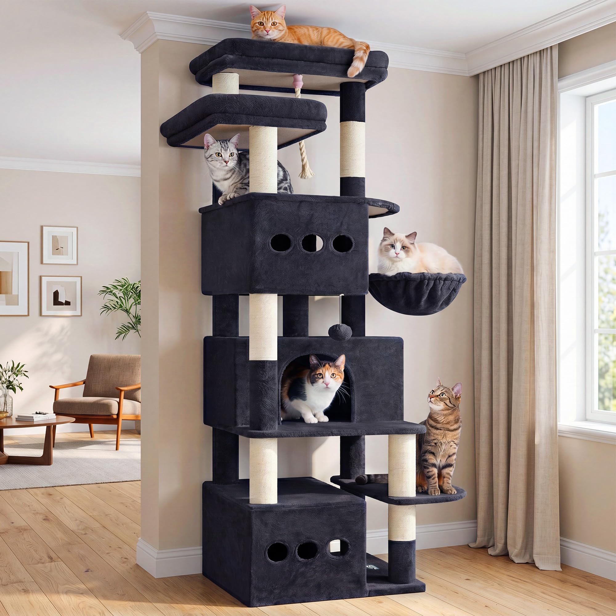 Gitelsnour Arbre à Chat XXL Hauteur 182 cm, Tour à Chat Stable pour Grands Chats avec 3 Niches Spacieuses, 2 Plateformes Supérieures, Panier Confortable, Poteaux Sisal et Jouets, Gris Foncé GCT800G