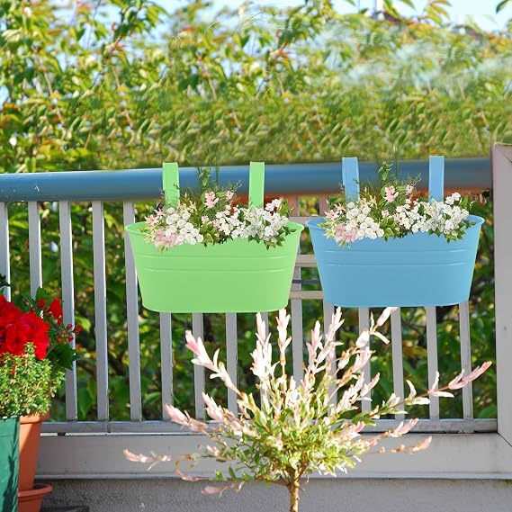 APACALI 8 Pack Hanging Plant Pot, 27cm Balcony Planters for Railing, Over Fence Planters with Detachable Hooks, Hanging Planters Outdoor, Flower Pots for Fence Garden Home Decor, 4 Colours