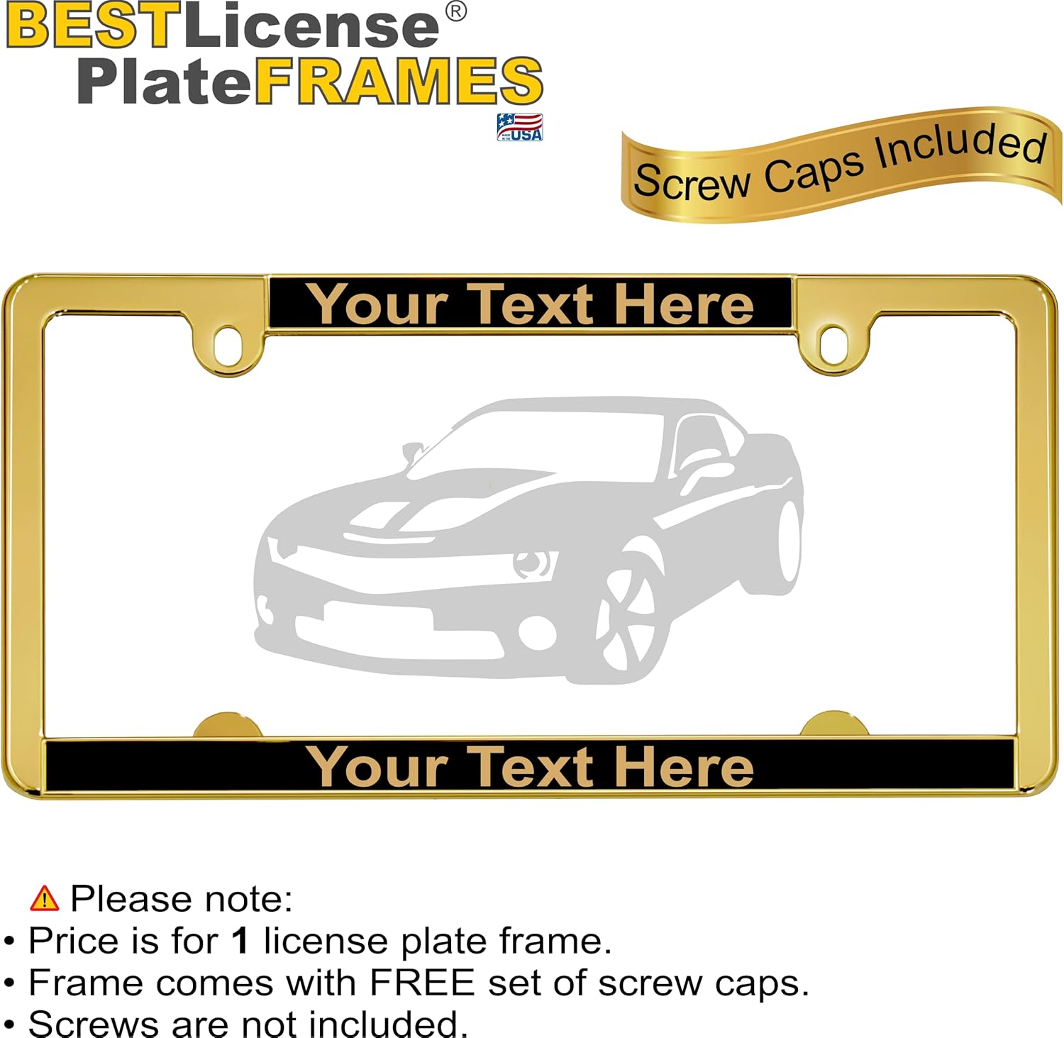 All-States | Slimline 2 Hole Gold Metal Personalized with Custom Text Design Laser Engraved Standard Size - Car/Automobile License Plate Frame with Free caps - Black/Gold (Qty: 1 Frame)