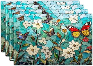Butterfly Teal Placemats Set of 4, Colorful Stained Glass Place Mats, Rustic Flowers Dining Table Mats, Washable Placemats for Kitchen Dining Room Home Decor 18L'' × 12W''