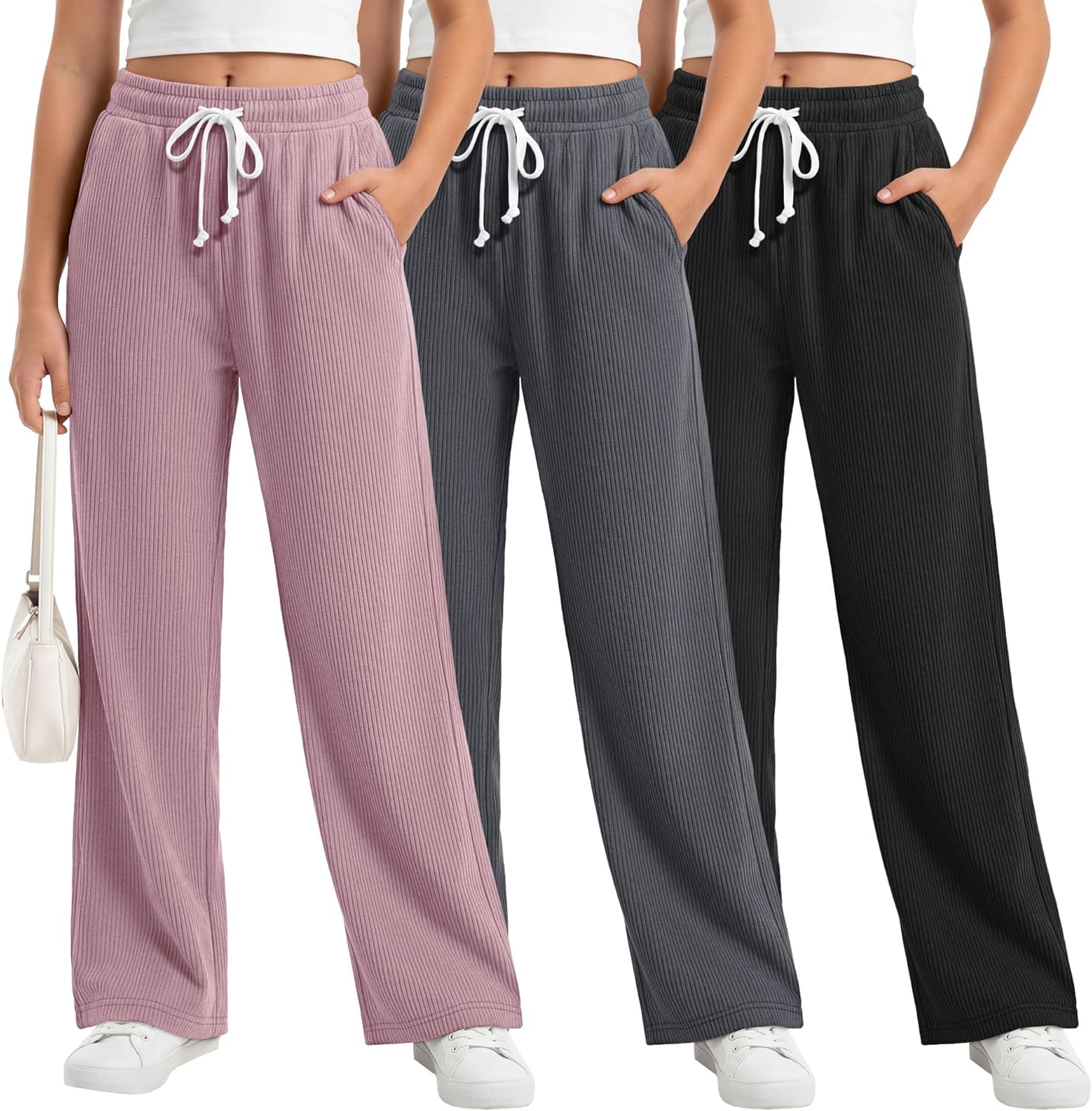 3 Pack Girls Sweatpants Corduroy Kids Lightweight Drawstring Athletic Pants Casual Uniform Clothes with Pockets