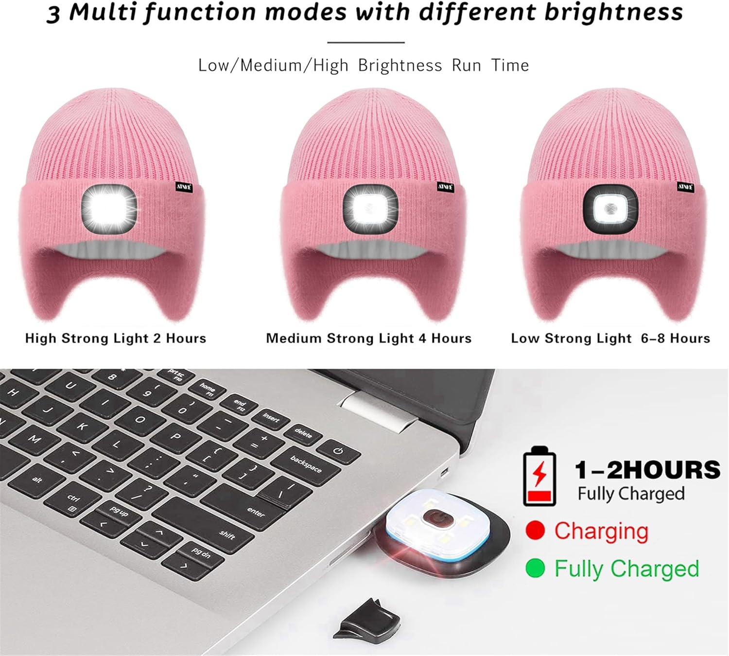 ATNKE Kids LED Lighted Lined Fleece Beanie Cap with Earflap, USB Rechargeable 4 LED Run Headlamp Hat for Boys and Girls - Image 6