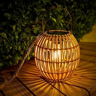 Battery Operated Hanging Lantern-Outdoor Indoor Bamboo Lamps for Room Gazebo Patio Waterproof-Natural Lantern Edison Bulb Light with Long Handle for Hanging Yard Garden Wedding Home Decoration