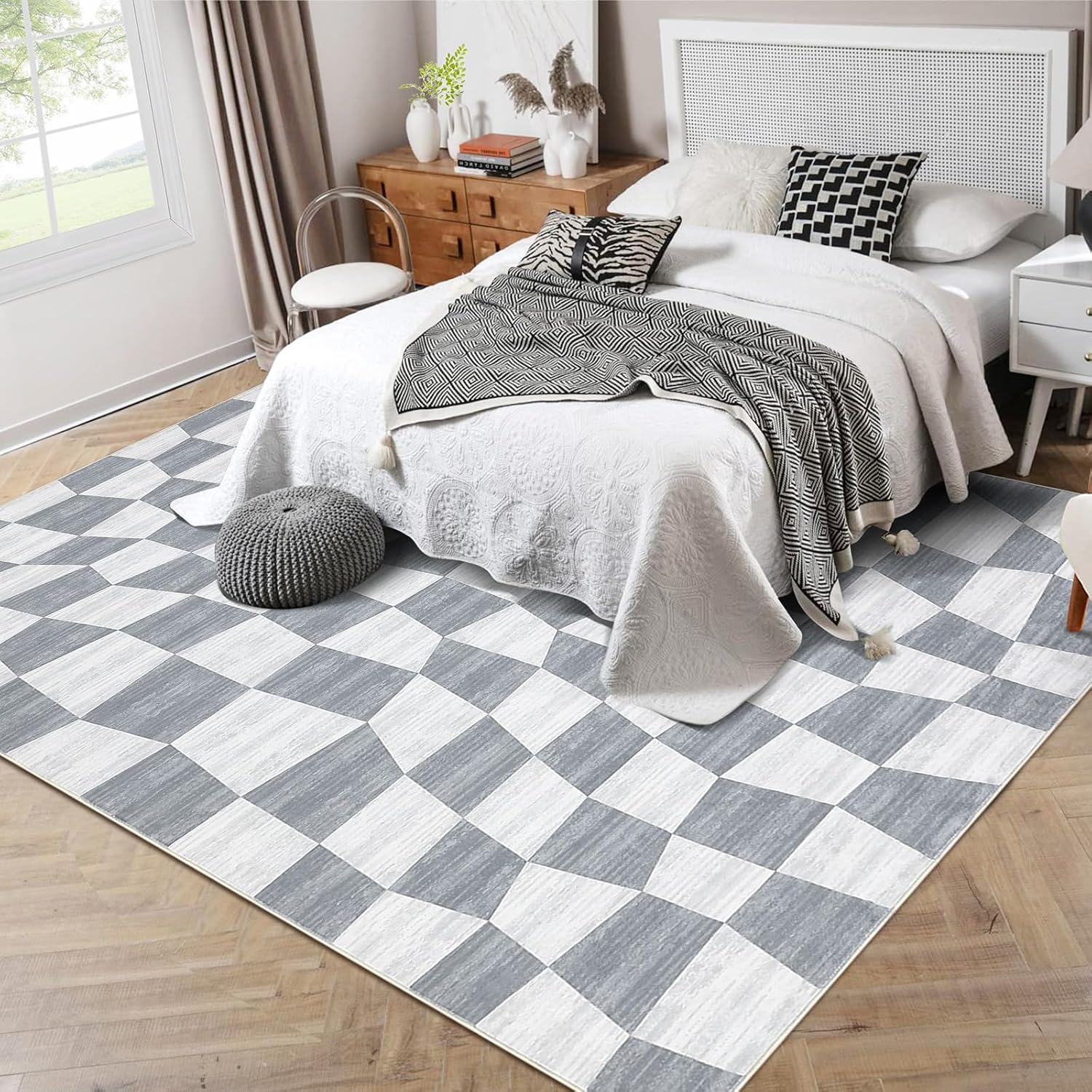 COZYLOOM Washable Area Rugs 5x7 Rug for Living Room Modern Checkered Rug Non Slip Throw Rugs for Bedroom Soft Farmhouse Low Pile Stain Resistant Carpet for Dining Room Nursery Office 5'x7' Grey