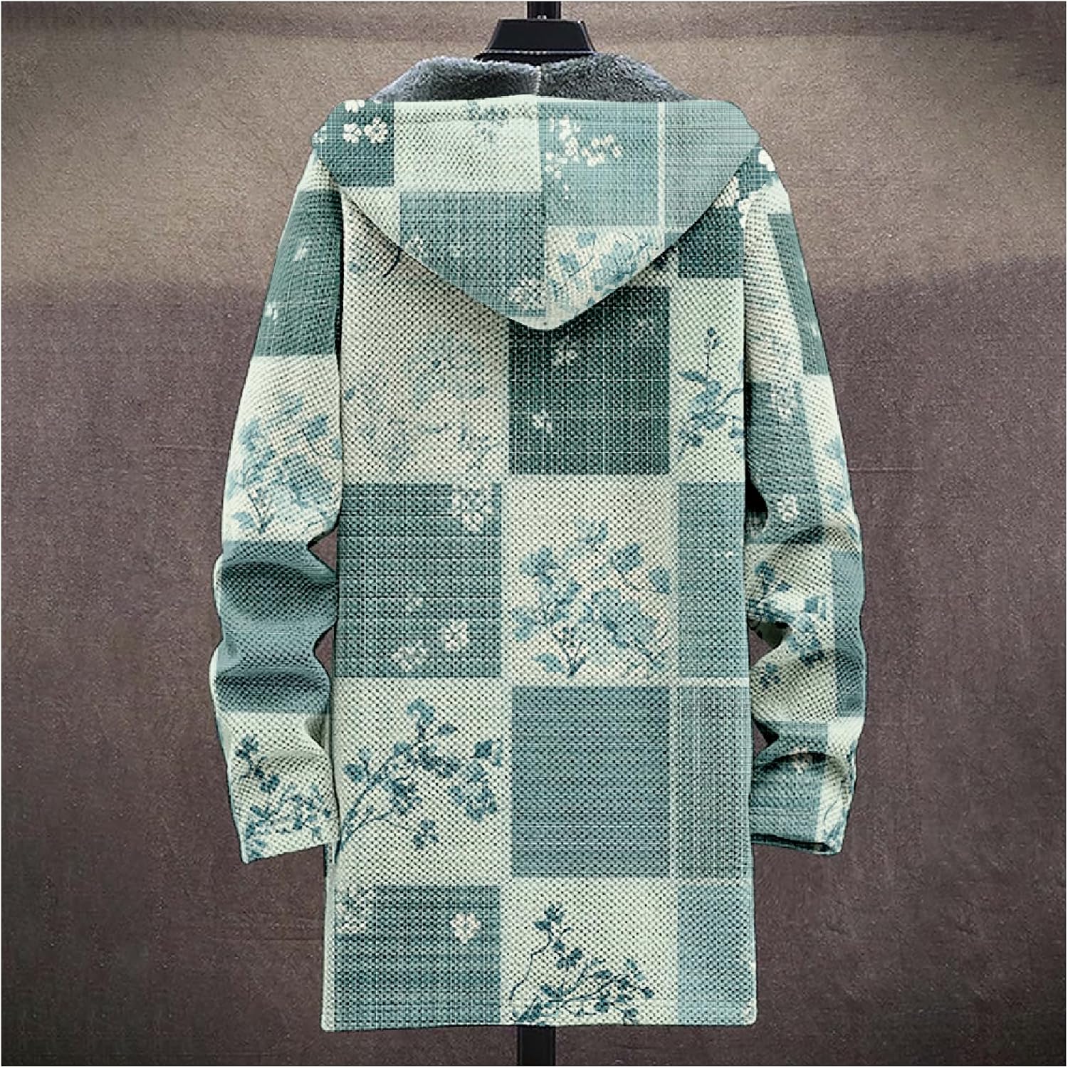 MARSVOVO Retro Patchwork Long Hooded Cardigan for Men Casual Stylish Fleece Lined Zip Up Hoodies Spring Fall Warm Jacket - Image 2