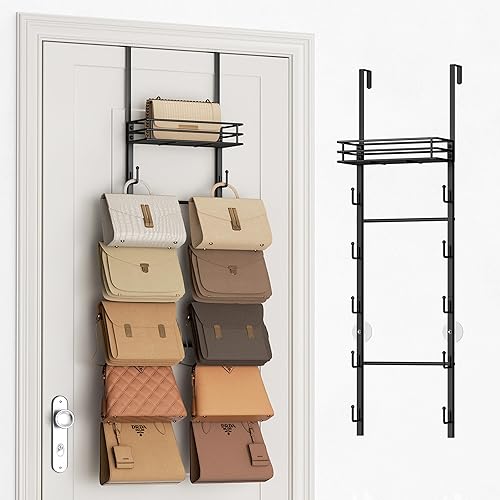 SWTYMIKI Over The Door Purse Organizer - Wall Mounted Handbag Organizer with 10 Hooks and Metal Basket, Hanging Purse Storage Rack Holds up to 10 Bags, Bag Rack Can Use As 1/2 Part, for Door, Closet - Black - 6 Tier
