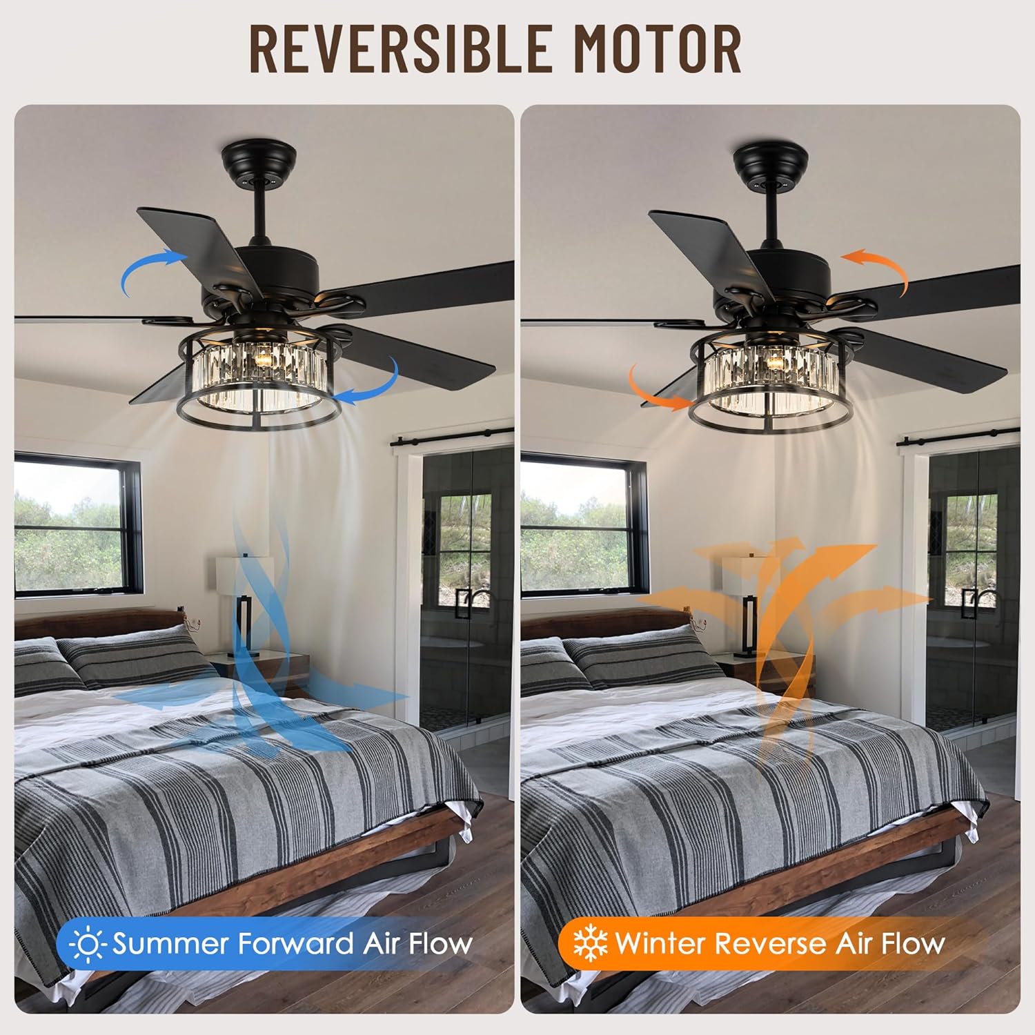 52'' Crystal Chandelier Ceiling Fan with Light and Remote,K9 Crystal,Modern Black Industrial Ceiling Fan with 5 Wood Reversible Blades,Quiet Motor for Living Room,Bedroom,Family Room